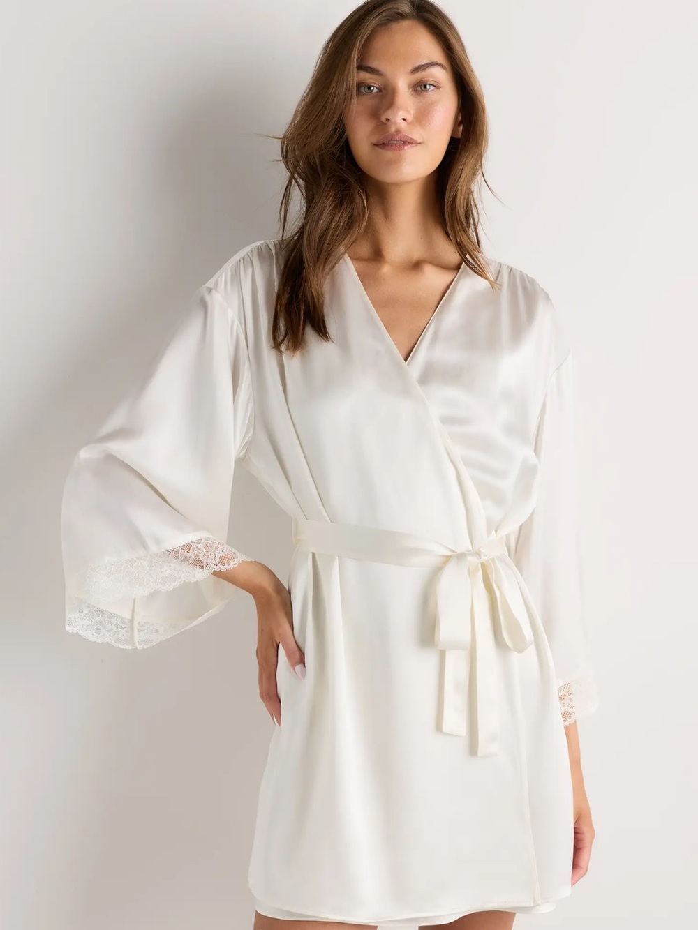 Silky Lace-Trim Wrap Robe in Ivory